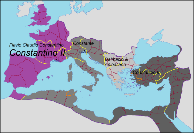 Imperio Romano en 337, los herederos de Constantino el Grande.