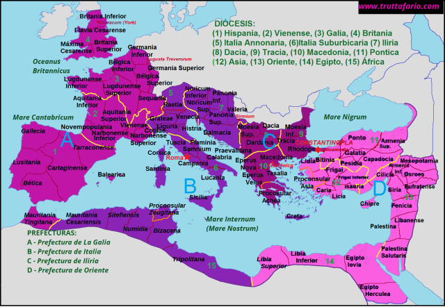 Imperio Romano: Prefecturas, Diócesis, Provincias. (Clik en mapa pantalla completa)